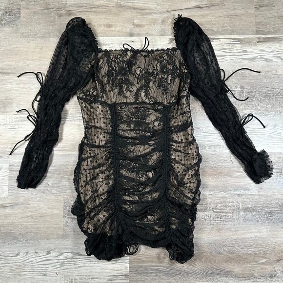 NWT L'atiste by Amy Black Nude Ruched Lace Mesh Long Sleeve Mini Dress- Size 1X - Picture 4 of 10